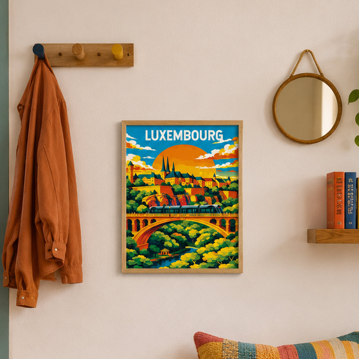 Affiche Luxembourg – Pont Adolphe en situation, décoration murale souvenir Luxembourg | Luxembourg Adolphe Bridge poster in room setting, wall decor souvenir | Luxemburg Poster Adolphe-Brücke als Wanddekoration, Souvenir