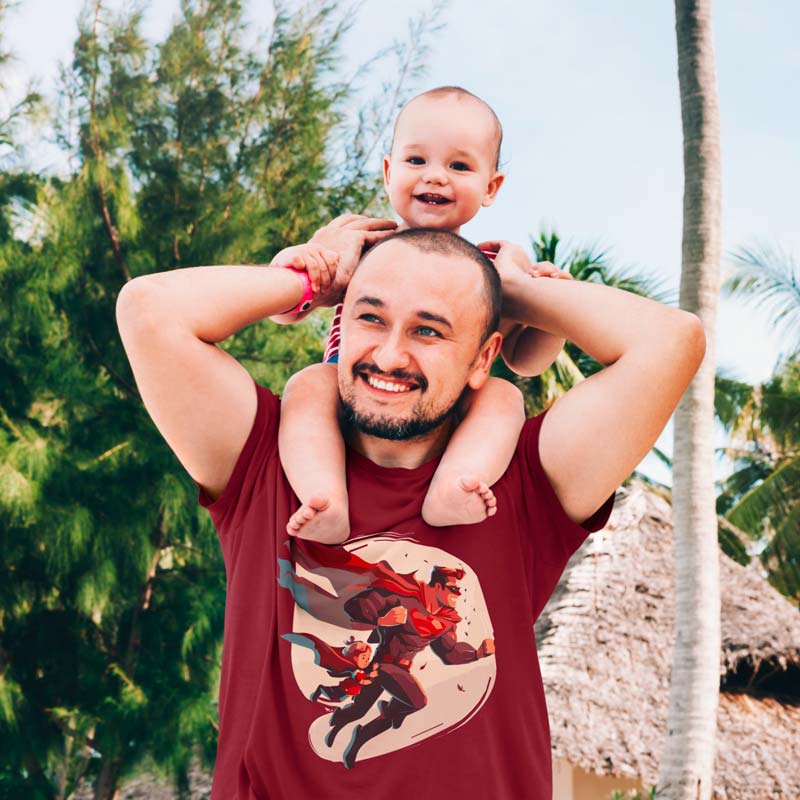 t shirt super papa avec une bebe sur les epaules les droles